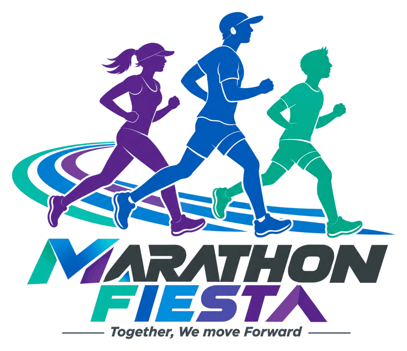 Marathon Fiesta logo: three runners mid-stride above a curving track, over the words Marathon Fiesta and the line Together, We move Forward.
